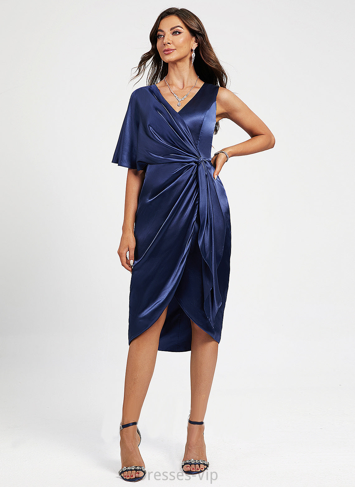 Asymmetrical V-neck With Charmeuse Sheath/Column Cocktail Dresses Front Pleated Cocktail Lesly Split Dress