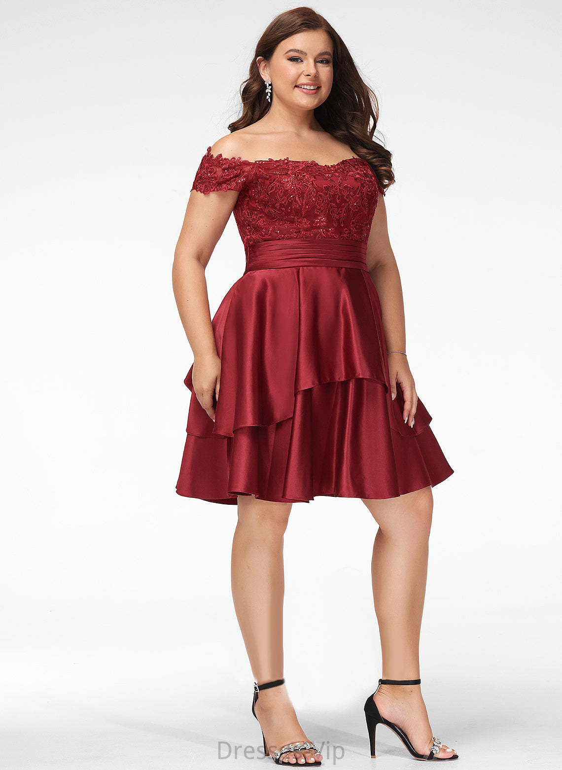 Ivy With Knee-Length Sequins A-Line Satin Cocktail Lace Off-the-Shoulder Dress Cocktail Dresses