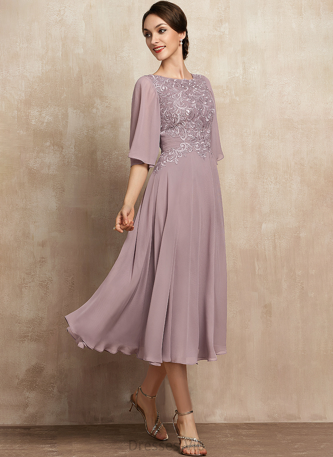 Tea-Length A-Line Cocktail Dresses Dress Kitty Neck Lace Cocktail Scoop Chiffon