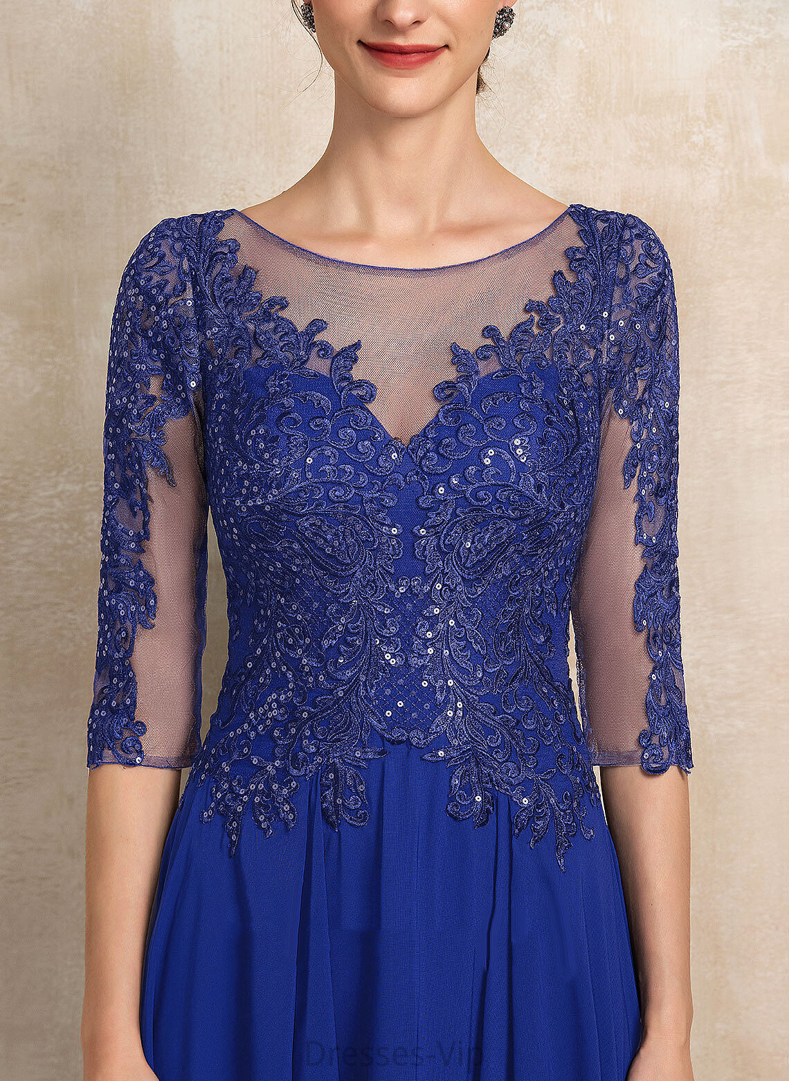 Tea-Length Dress Lace With Neck Cocktail Cocktail Dresses Sequins Scoop Aliana Chiffon A-Line