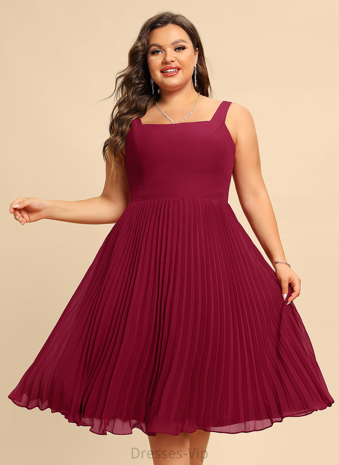 Cora Cocktail Dress A-Line Chiffon Pleated With Neckline Cocktail Dresses Knee-Length Square