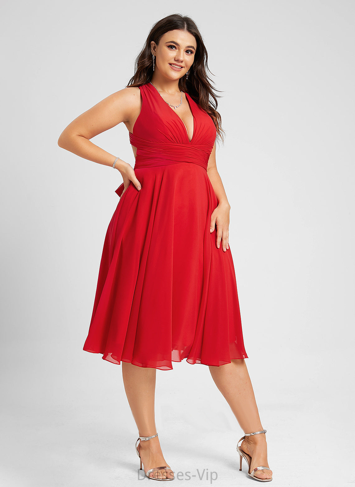 Cocktail A-Line Bow(s) V-neck Genesis Cocktail Dresses Dress Knee-Length Chiffon With Ruffle