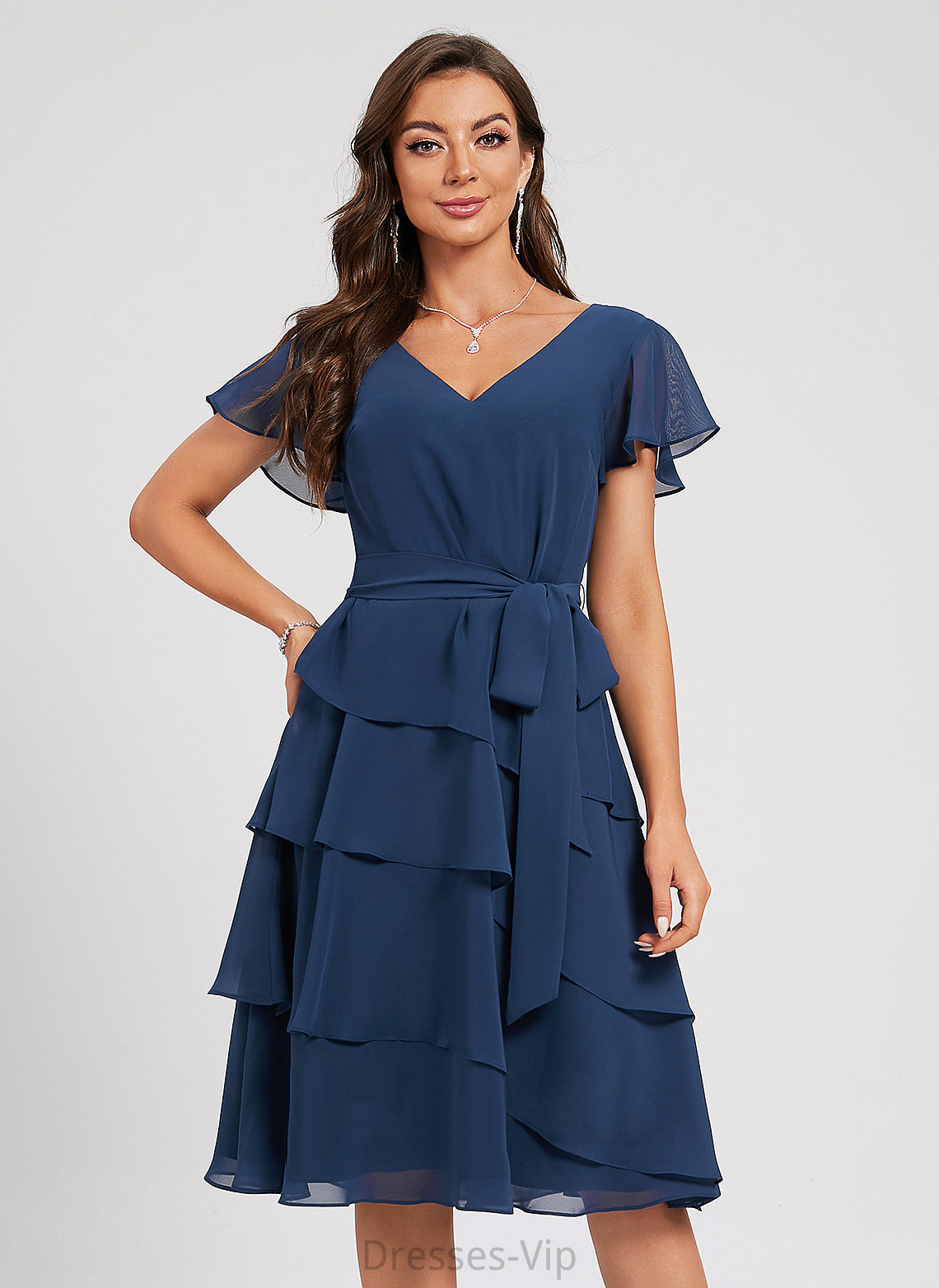 Serena A-Line Chiffon Cocktail Dresses V-neck Ruffle Sash Cocktail With Dress Knee-Length