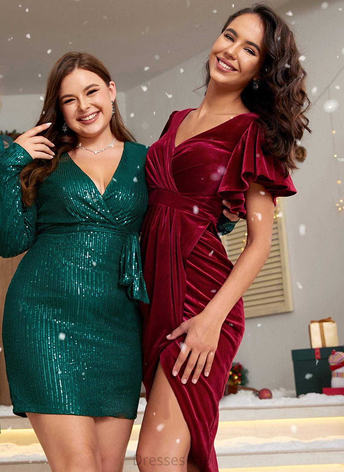 Justice Cocktail Tea-Length Bodycon Velvet V-neck Dress Club Dresses