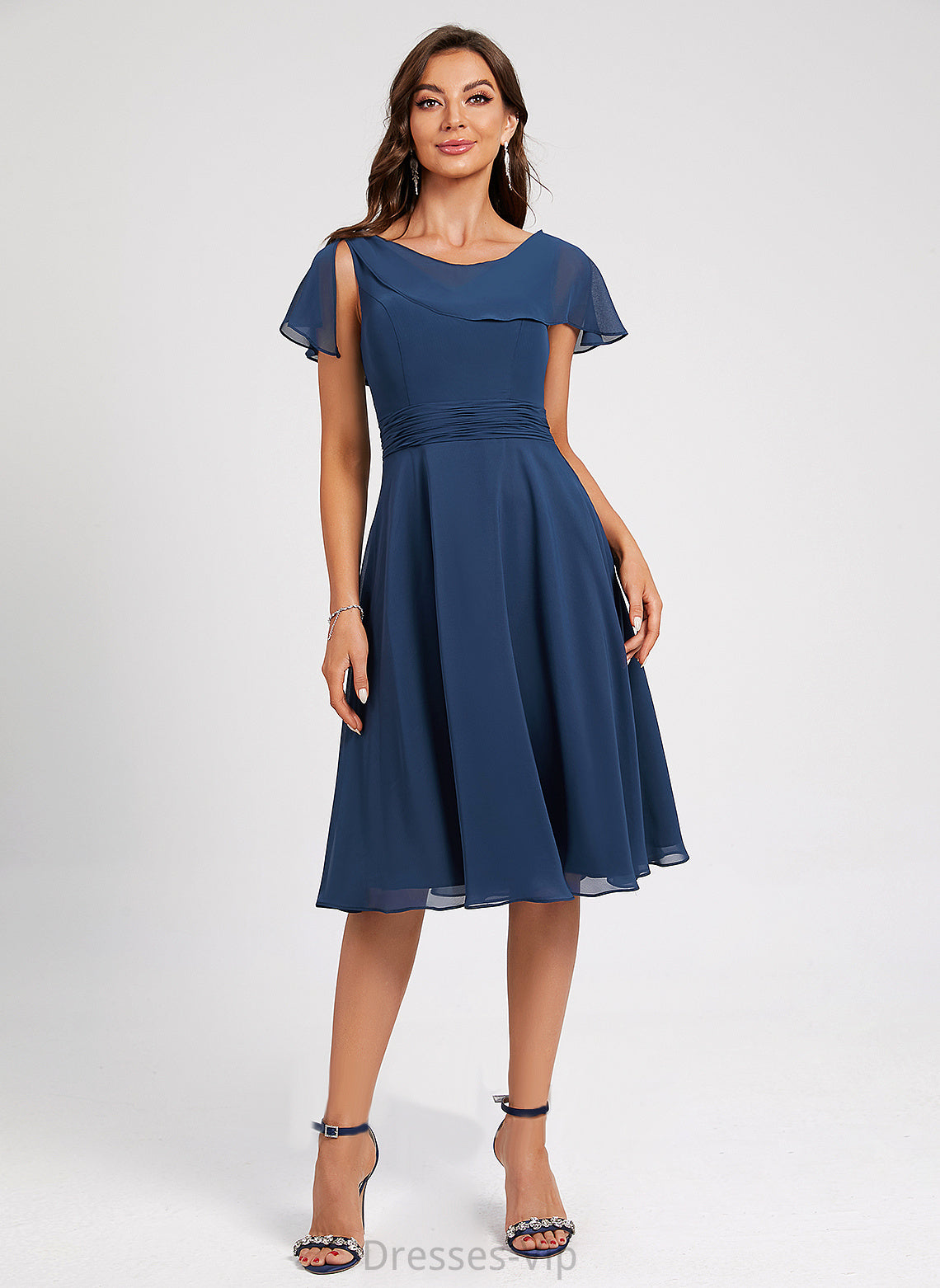 A-Line Regan Cocktail Ruffle Cocktail Dresses Chiffon Dress Knee-Length With Scoop Neck Pleated