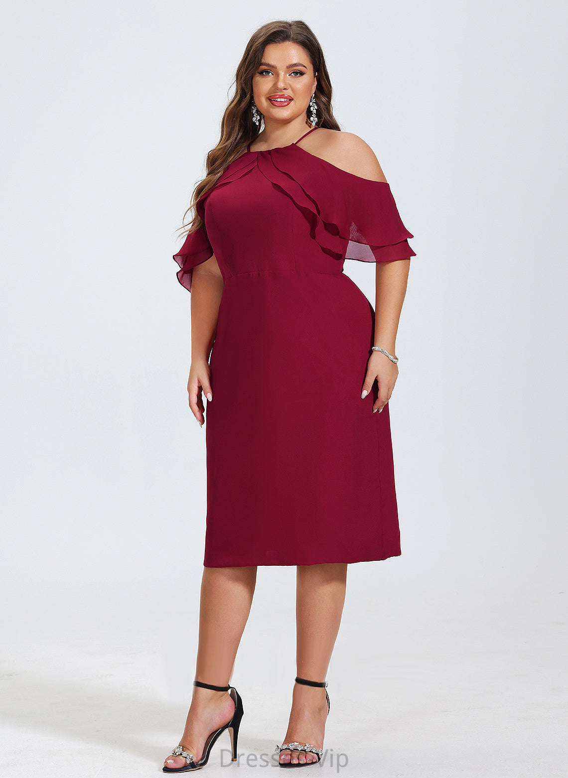 Evangeline Cascading Knee-Length Ruffles Cocktail With Chiffon Cocktail Dresses Dress Square Sheath/Column Neckline