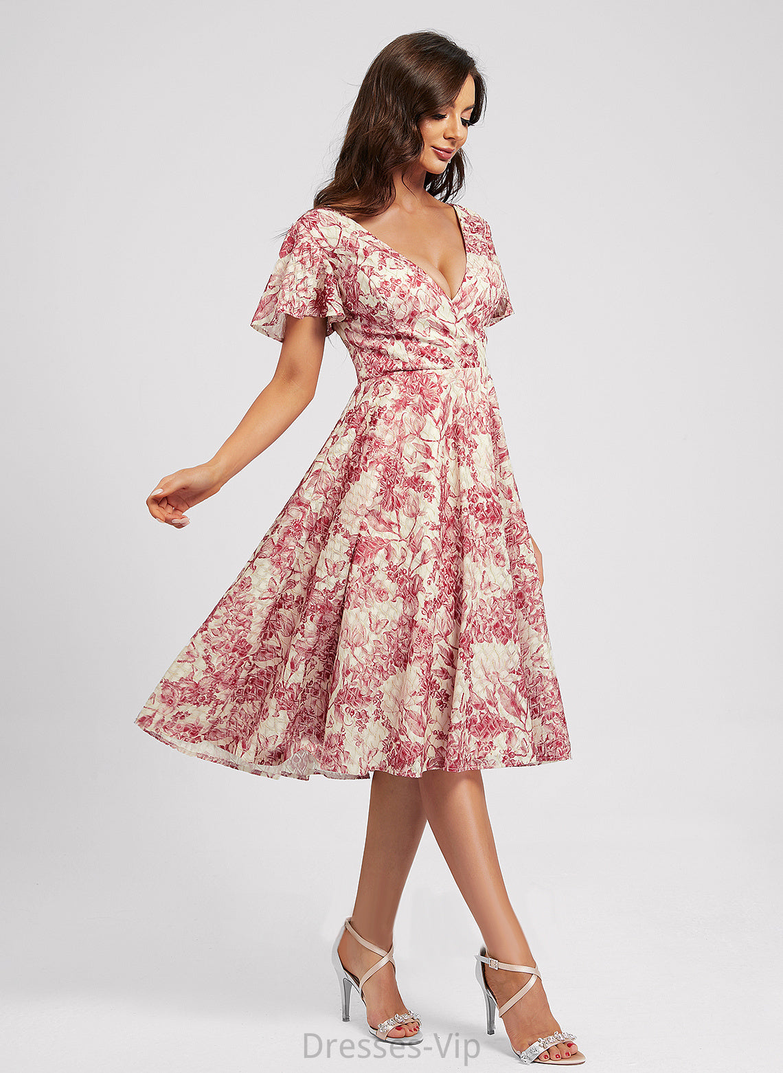 Knee-Length Dress Flower(s) Cocktail V-neck Novia Lace Cocktail Dresses With A-Line