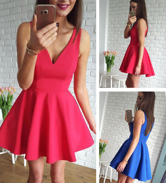 Simple Satin V-neck Neckline Short A-line Homecoming Dresses