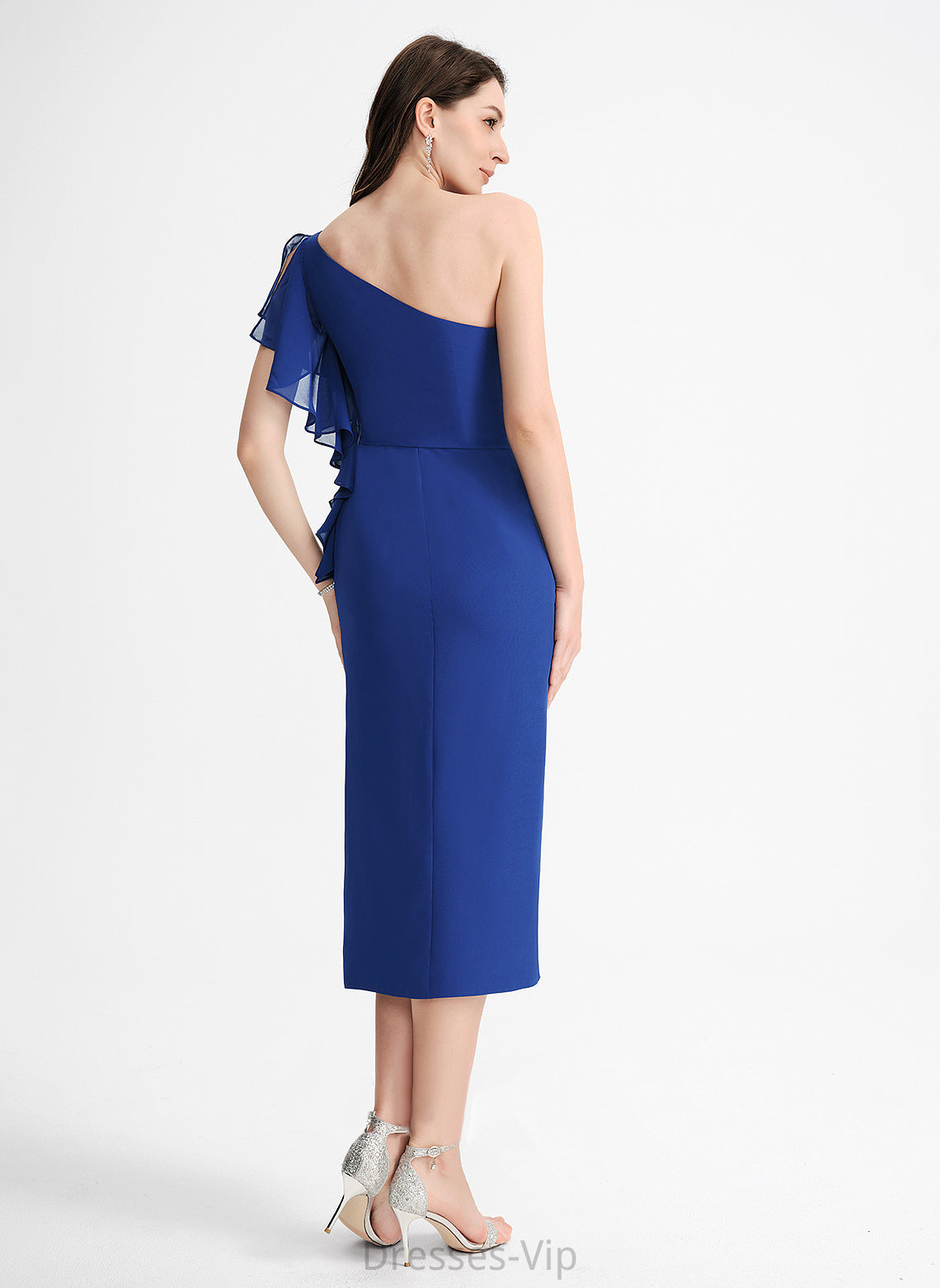 Chiffon Cocktail Sheath/Column One-Shoulder Dress With Ruffle Shiloh Cocktail Dresses Tea-Length