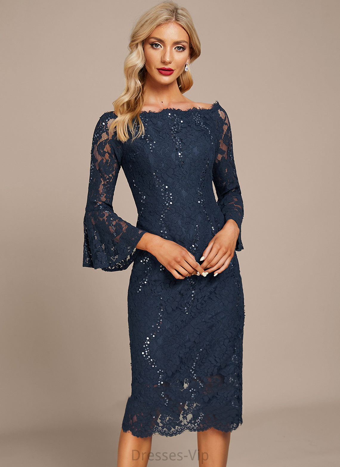 Knee-Length Sheath/Column Cocktail Dresses Lace With Dress Lana Sequins Cocktail Off-the-Shoulder