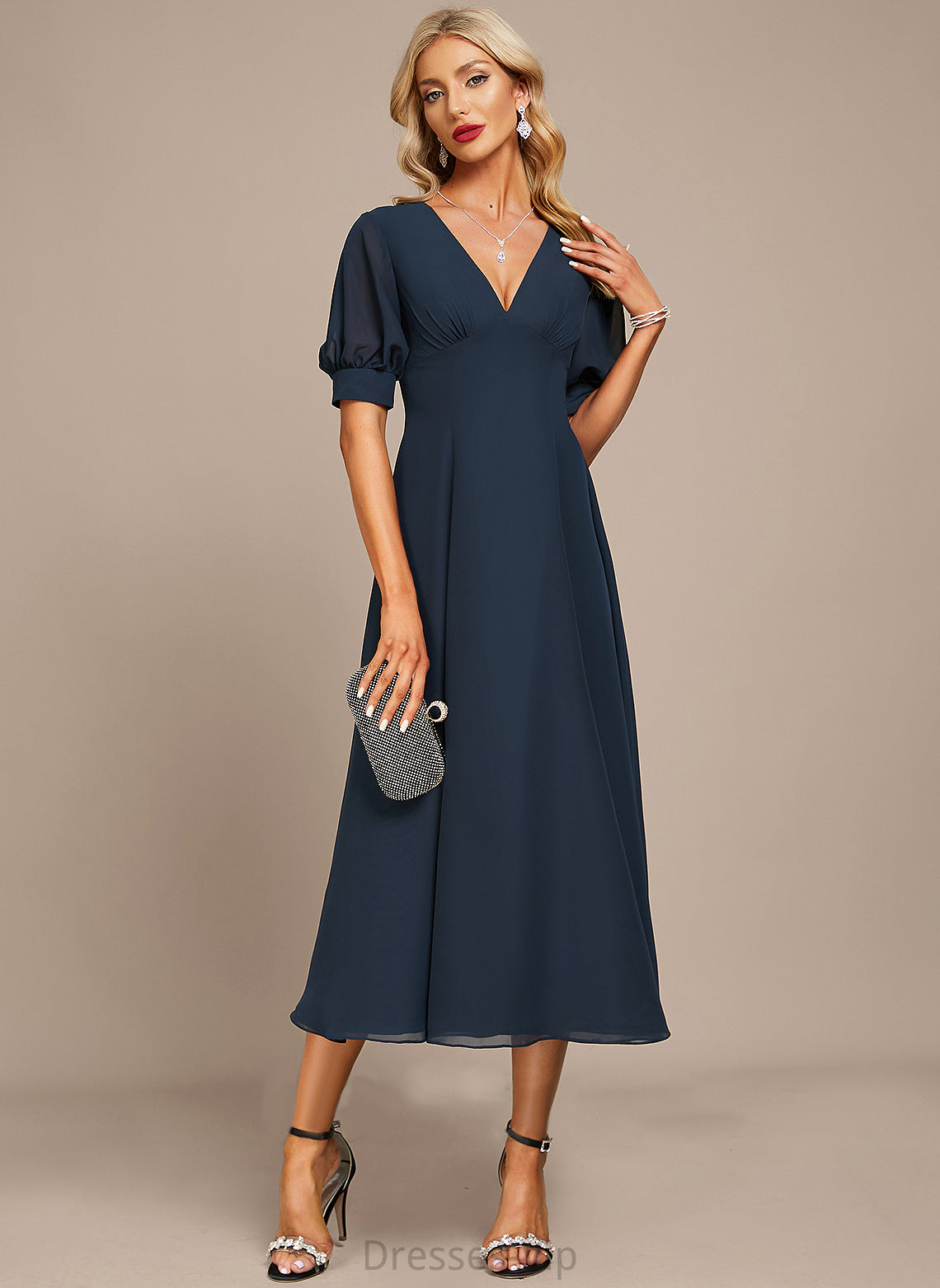 A-Line Mavis V-neck Cocktail Ruffle Tea-Length Chiffon With Cocktail Dresses Dress