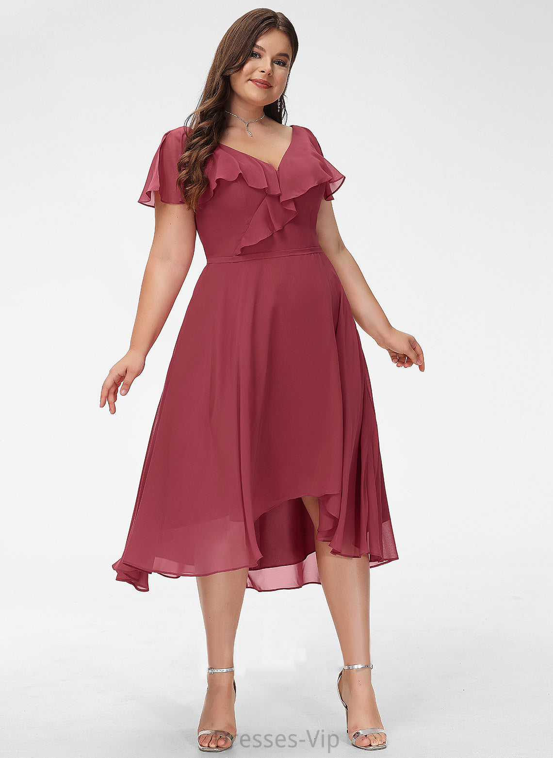 Chiffon Dress Lana With Asymmetrical A-Line Ruffle Cocktail V-neck Cocktail Dresses