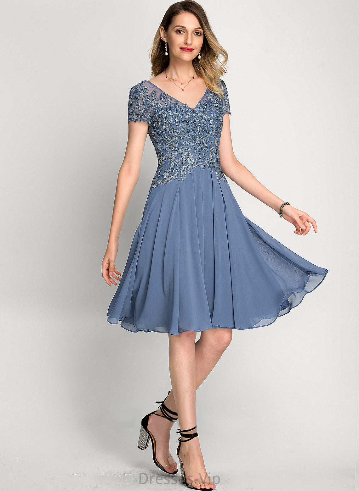 Chiffon Dress With Beading Lace Cocktail Dresses Knee-Length V-neck A-Line Cocktail June Sequins