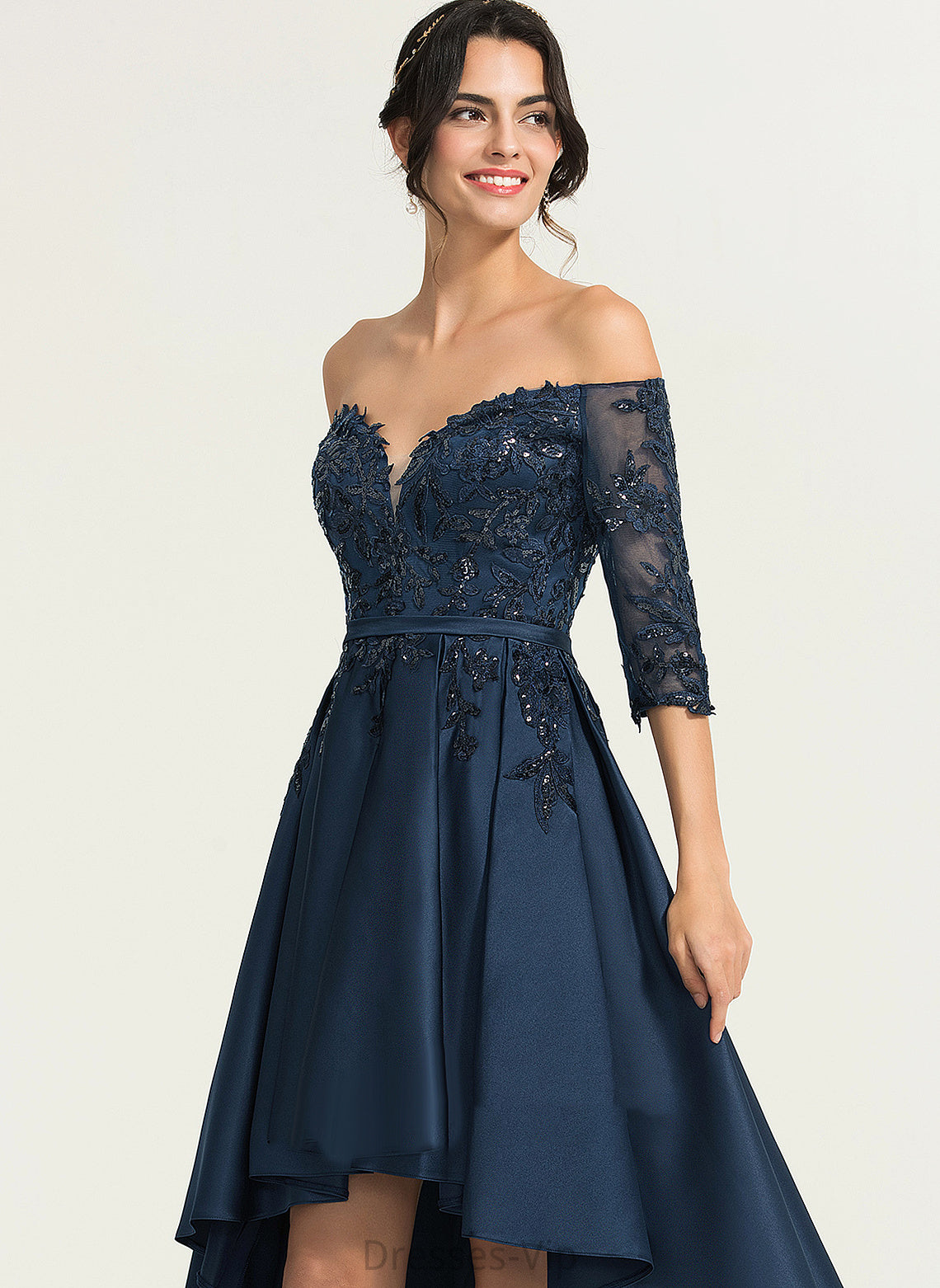 Homecoming Dresses Off-the-Shoulder Homecoming A-Line Lace Asymmetrical Satin Brooke Dress With