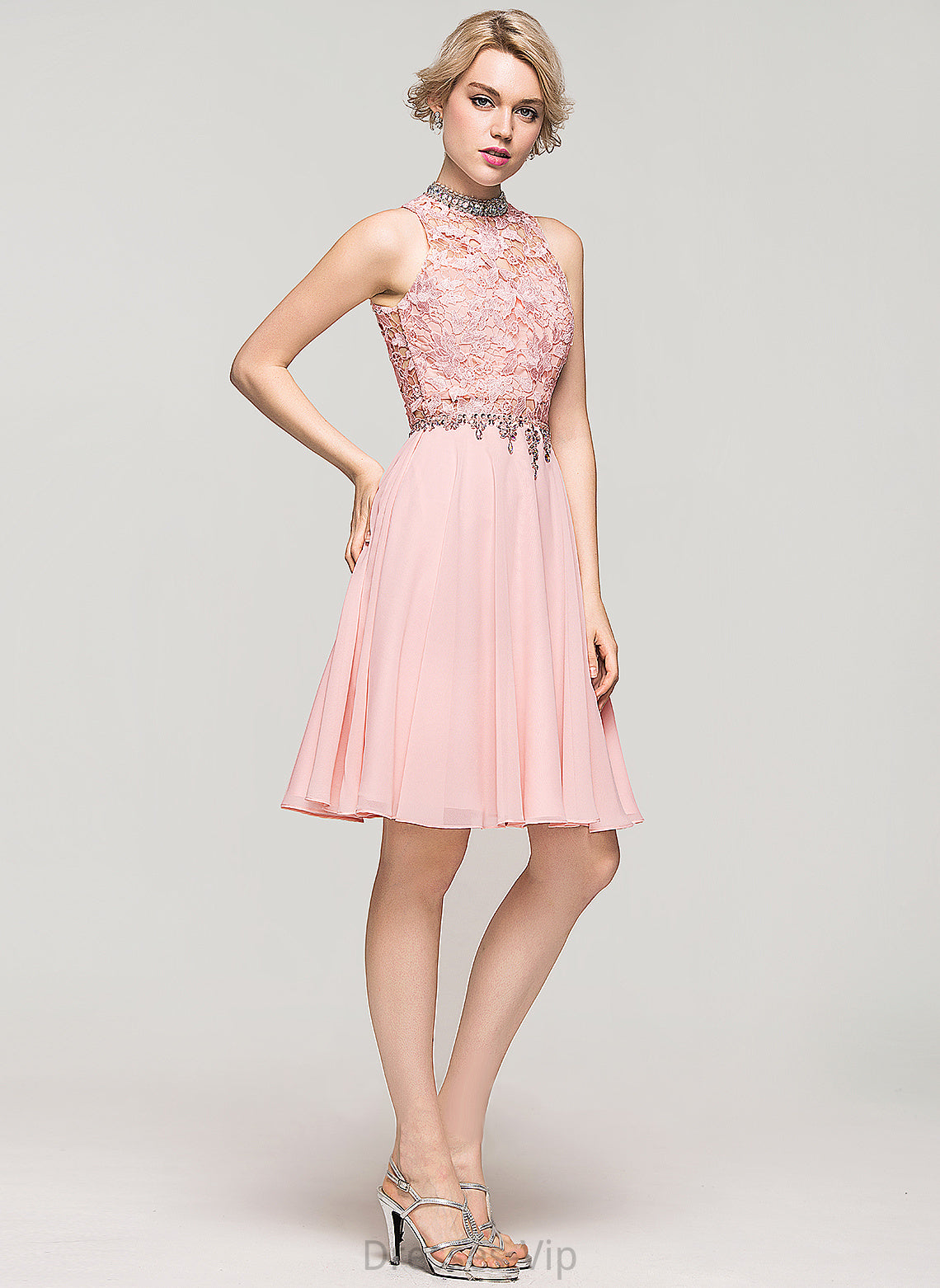 Homecoming Chiffon Neck With High Chelsea Knee-Length A-Line Beading Sequins Homecoming Dresses Lace Dress