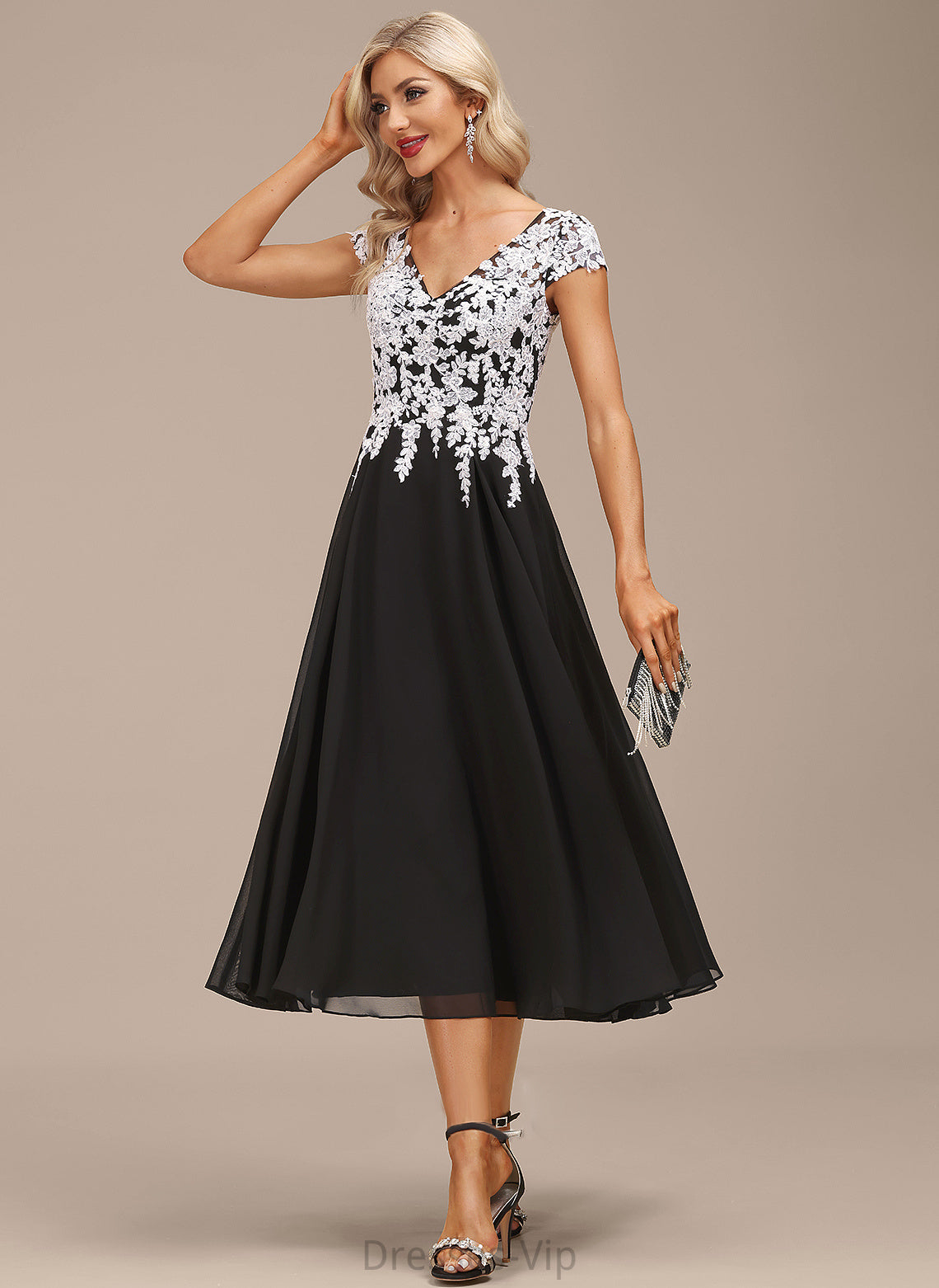 A-Line V-neck Giovanna Cocktail Dresses Cocktail Dress Tea-Length Lace Chiffon