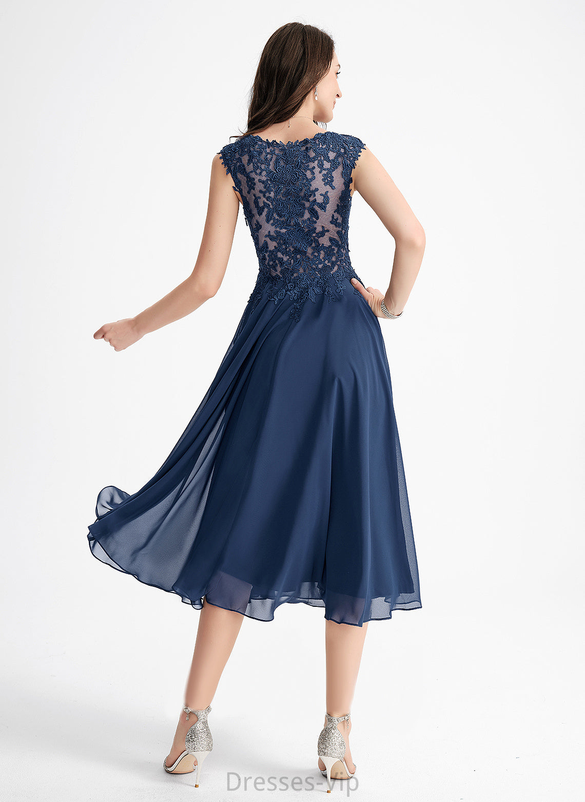 Lace Chiffon Tea-Length A-Line Cocktail Cocktail Dresses V-neck Deborah Dress