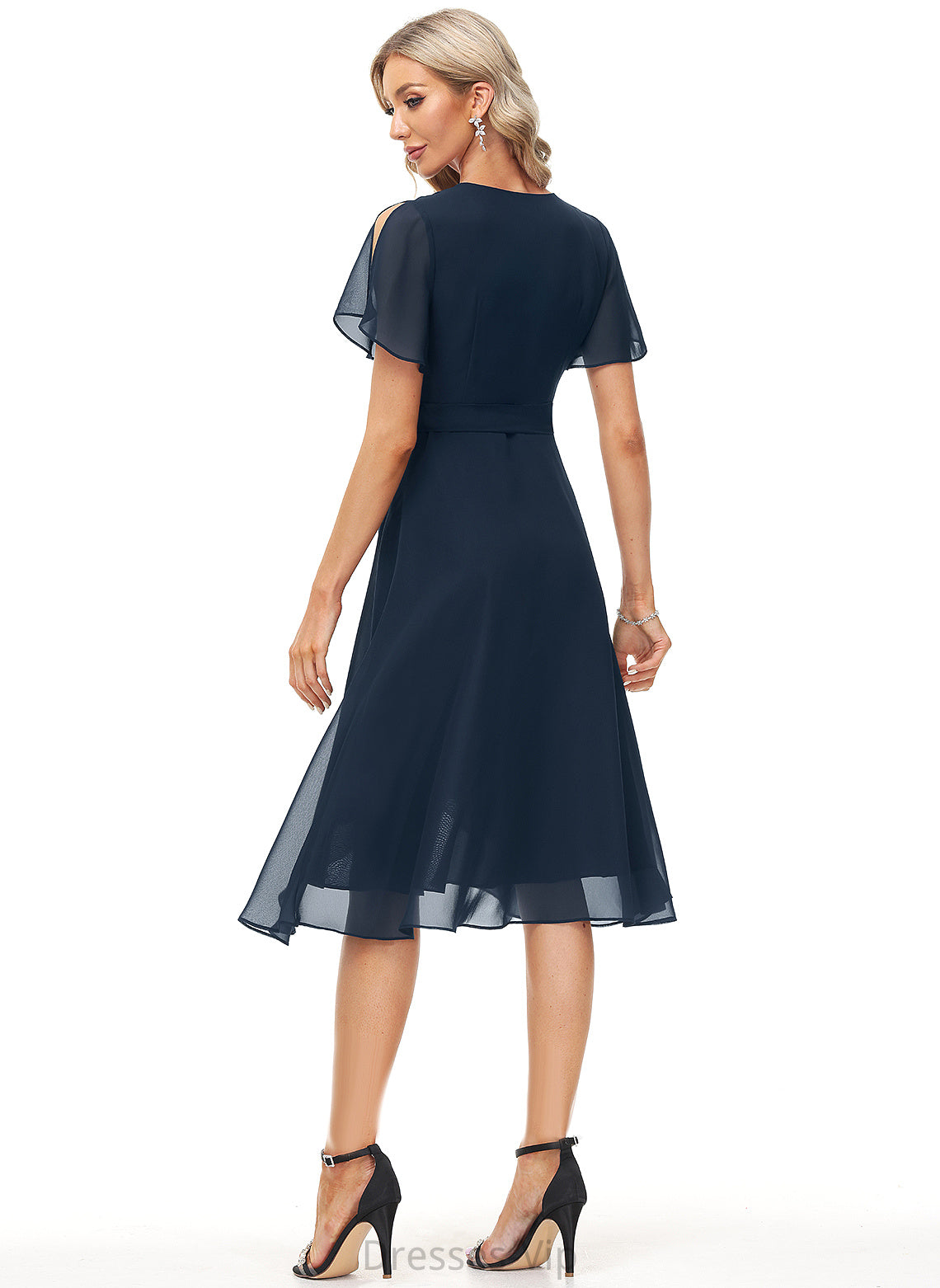 Kadence Sash Dress A-Line Chiffon V-neck Cocktail Dresses Knee-Length Cocktail With