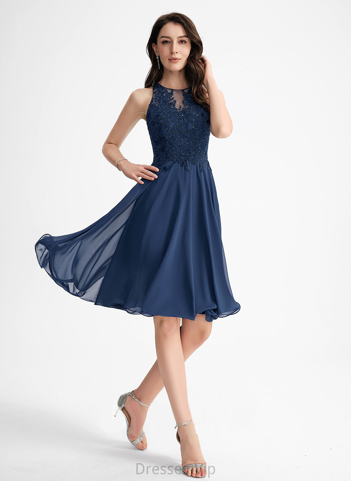 Chiffon Dress With Scoop Knee-Length Homecoming Marin Beading Neck A-Line Lace Homecoming Dresses