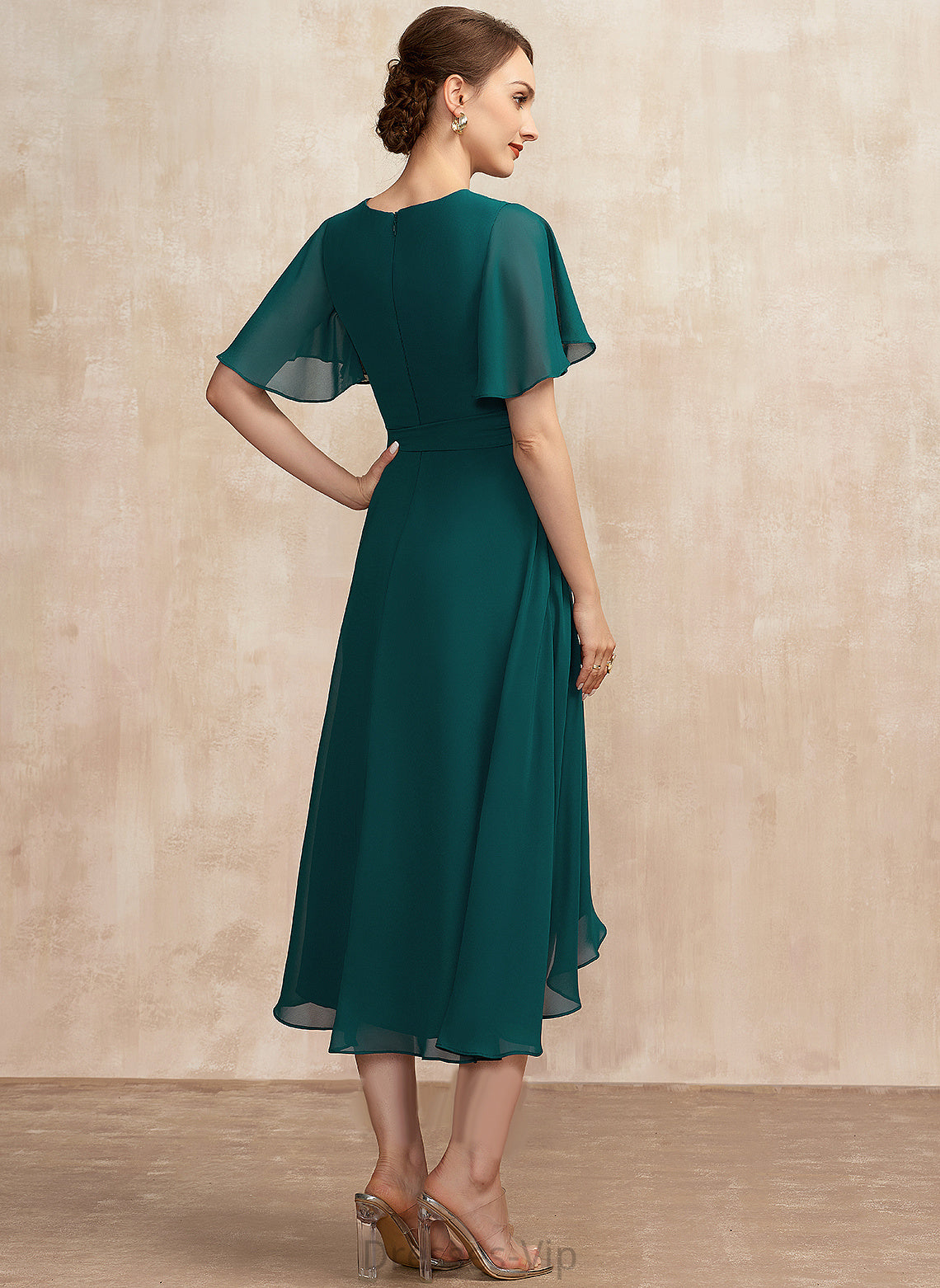 Neck Cocktail Brynlee Scoop Dress Cocktail Dresses Asymmetrical Ruffle Chiffon With Bow(s) A-Line