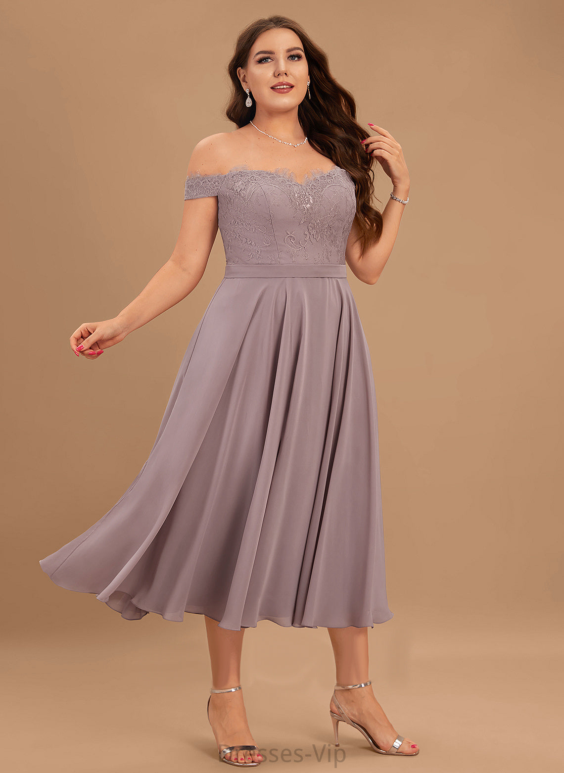 Lace A-Line Fernanda Chiffon Dress Tea-Length Cocktail Dresses Cocktail Beading With Off-the-Shoulder