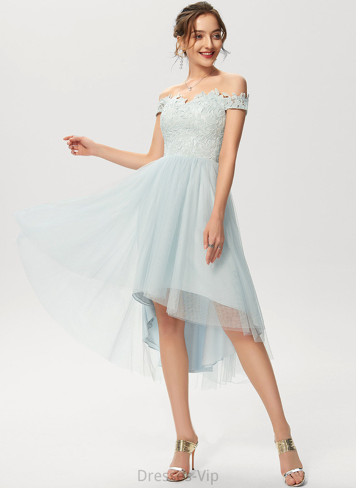 Tulle Dress Off-the-Shoulder A-Line Lace Madeleine Cocktail Dresses Cocktail Asymmetrical