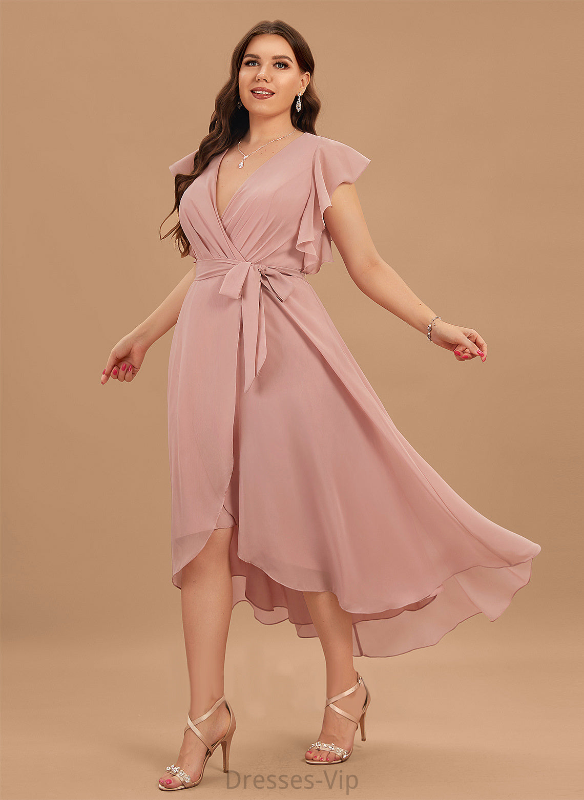 Cocktail Dresses A-Line Chiffon Araceli Ruffle Asymmetrical Dress Cocktail With V-neck