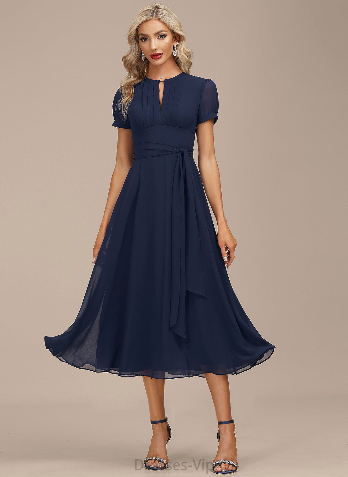 Scoop Cocktail Dresses Ruffle Tea-Length Ashlynn Cocktail Chiffon A-Line Dress With Neck