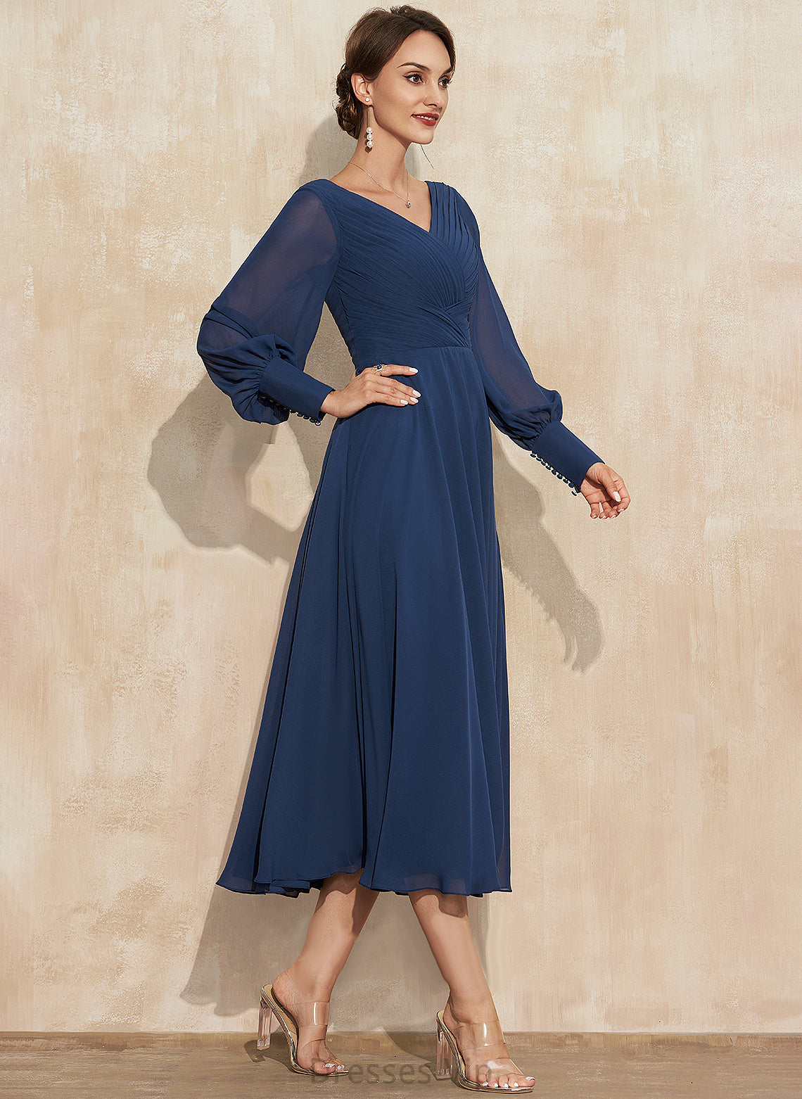 Ruffle Dress Cocktail A-Line Alayna Tea-Length Cocktail Dresses V-neck Chiffon With