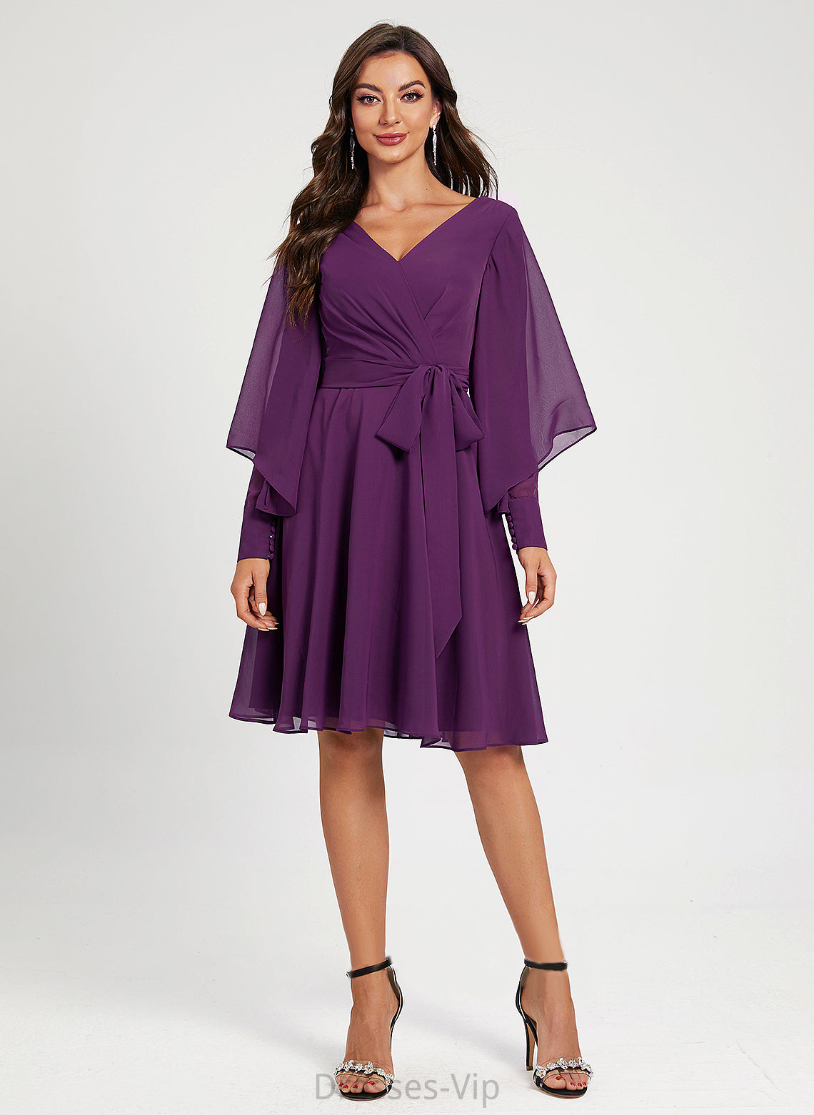 Dress Cocktail Dresses Kelsie Cocktail A-Line Pleated With Sash Chiffon V-neck Knee-Length