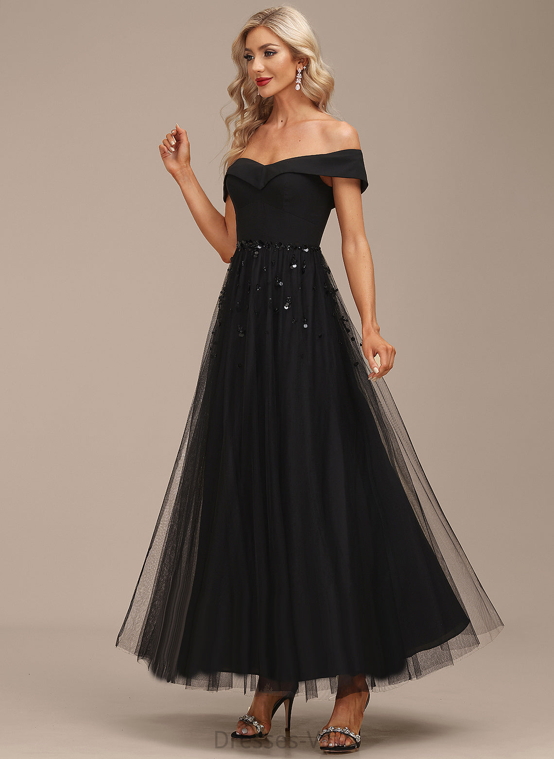 Dress Cocktail Joanna Chiffon Ankle-Length Tulle Off-the-Shoulder Sequins Beading A-Line Cocktail Dresses With