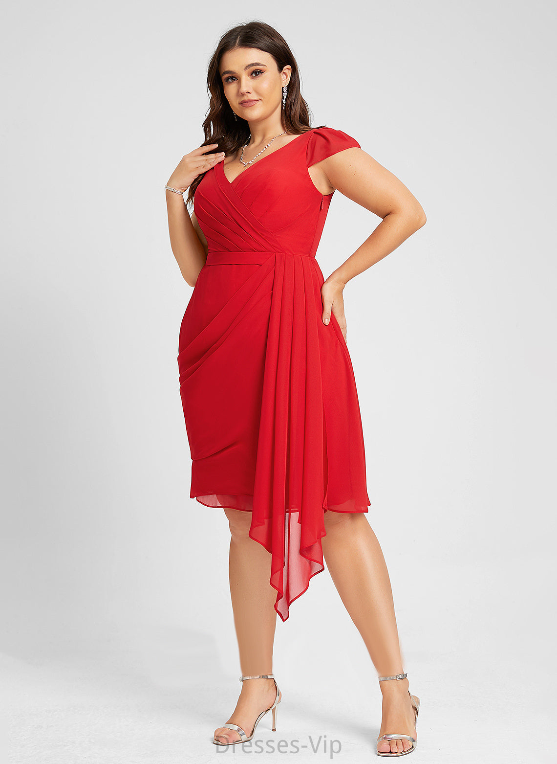 Chiffon Sheath/Column Cara Cascading Dress Knee-Length With Cocktail Ruffles V-neck Cocktail Dresses Ruffle