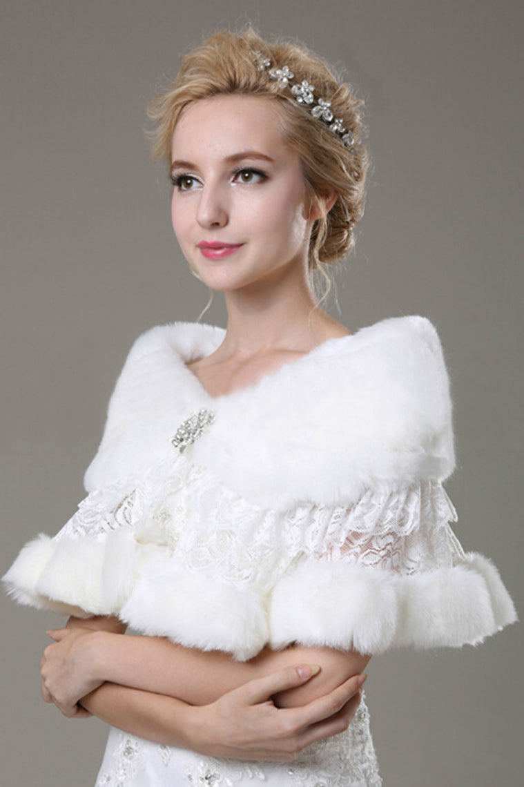 Elegant Faux Fur & Lace Wedding Wrap With Beads