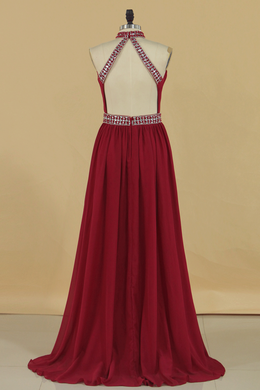 2024 A Line High Neck Chiffon Prom Dresses With Beads Open Back Sweep Train