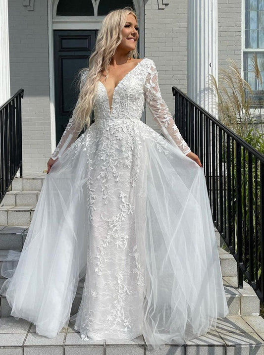 Mermaid V Neck Backless Long Sleeves Tulle Wedding Dresses