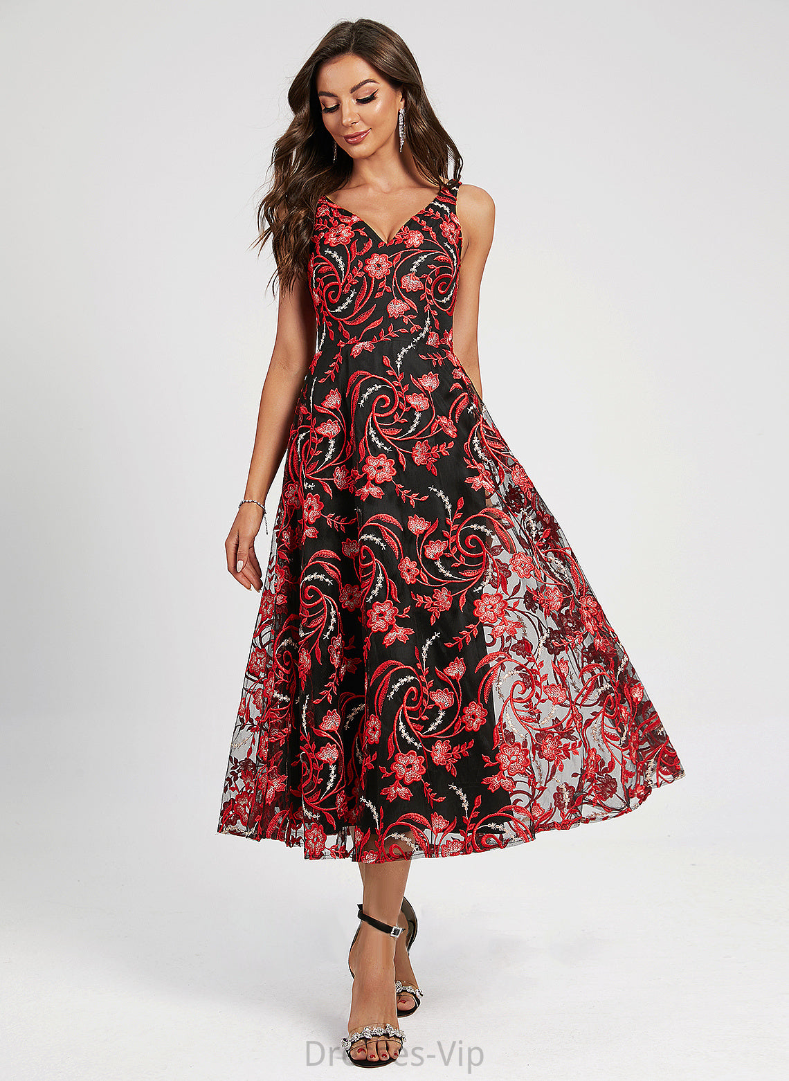 Lace A-Line Flower(s) V-neck Tea-Length Cocktail Dresses With Dress Cocktail Lace Addisyn