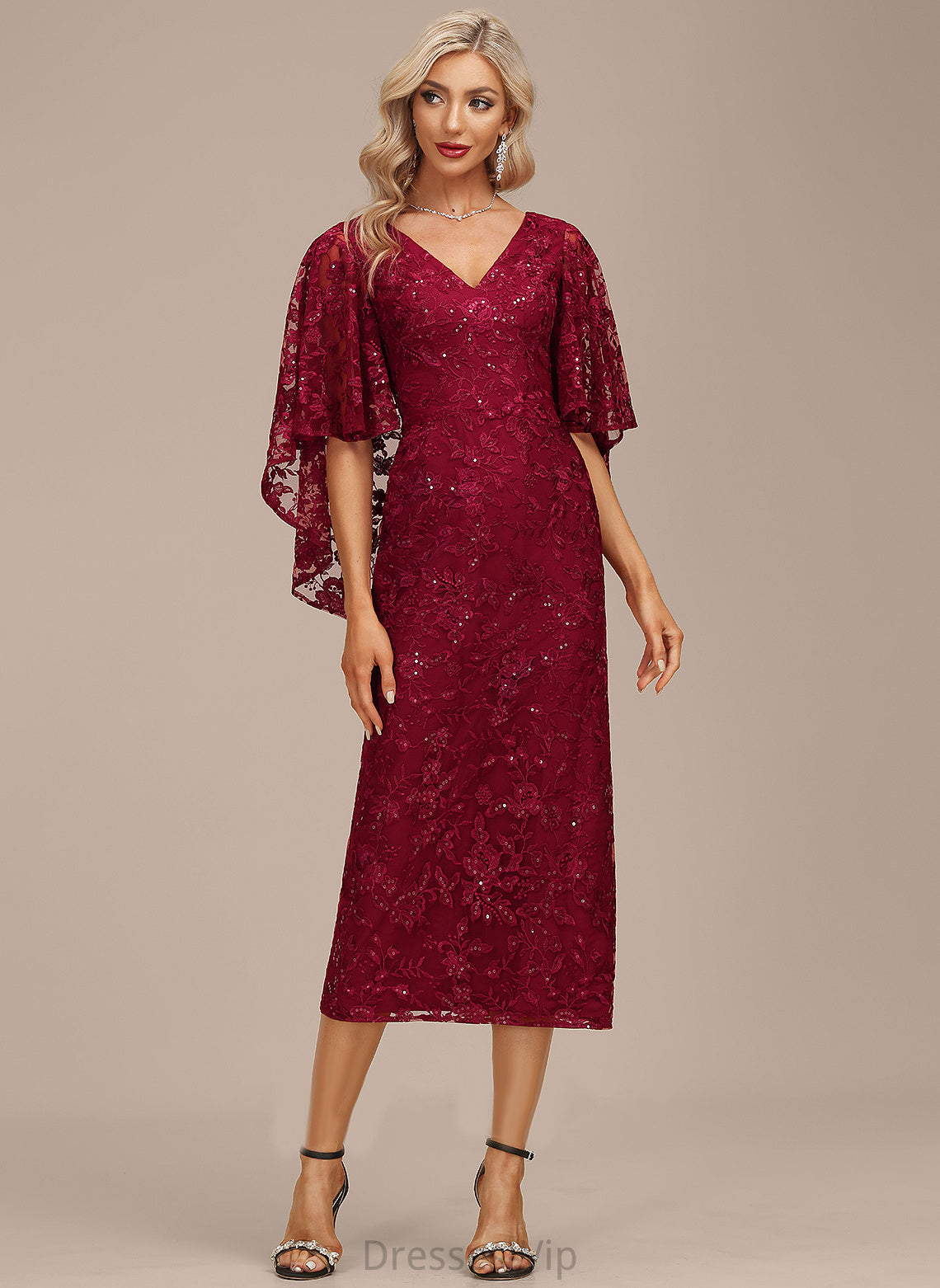 Dress V-neck Sheath/Column Lace With Cocktail Cocktail Dresses Cecilia Tea-Length Sequins