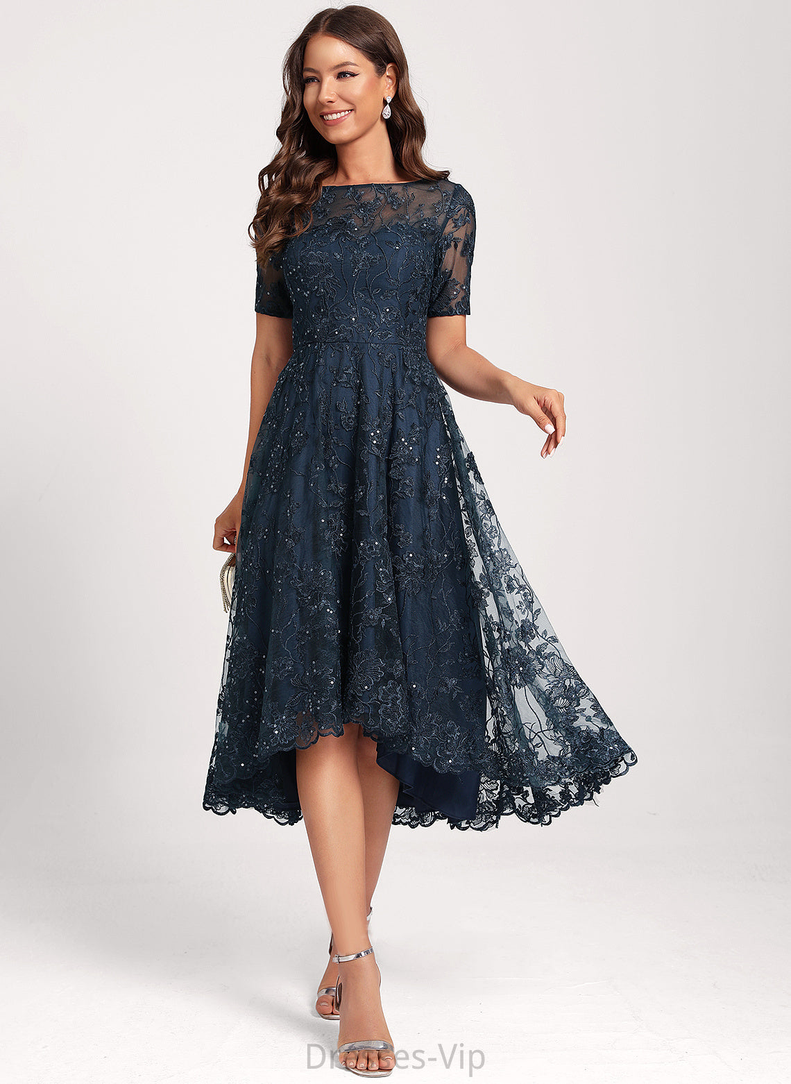 Cocktail Dress Sequins Asymmetrical A-Line Lace With Tulle Scoop Neck Saniya Club Dresses