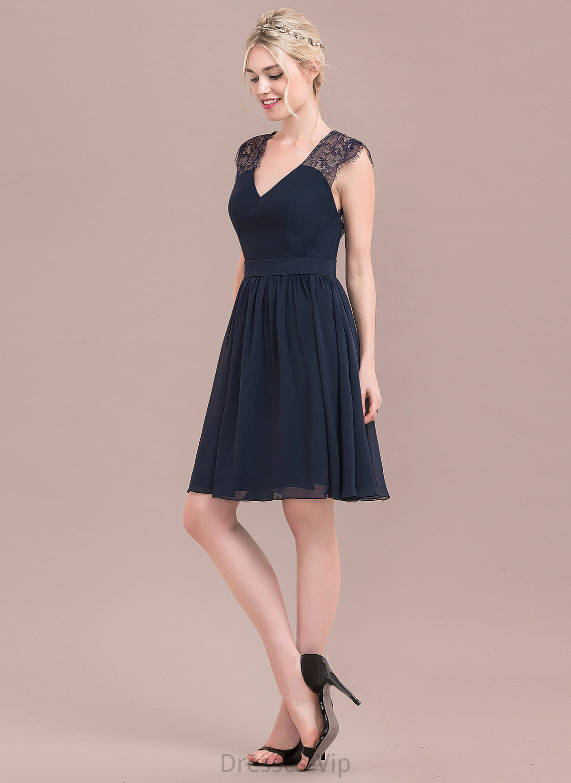 Dress Cocktail Knee-Length Kara Lace Chiffon A-Line V-neck Cocktail Dresses