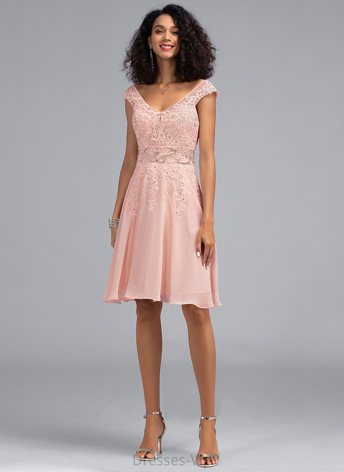 Homecoming Dresses Chiffon V-neck Dress Knee-Length Beading Aleah Lace Homecoming With A-Line