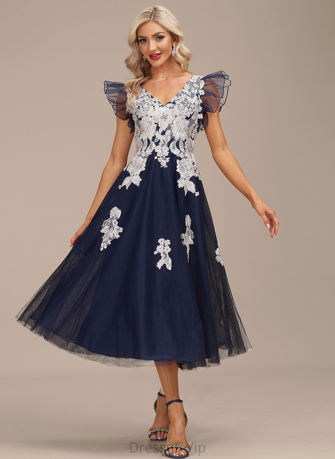 Brenda Cocktail Tea-Length Organza With V-neck Dress Cocktail Dresses A-Line Lace Appliques