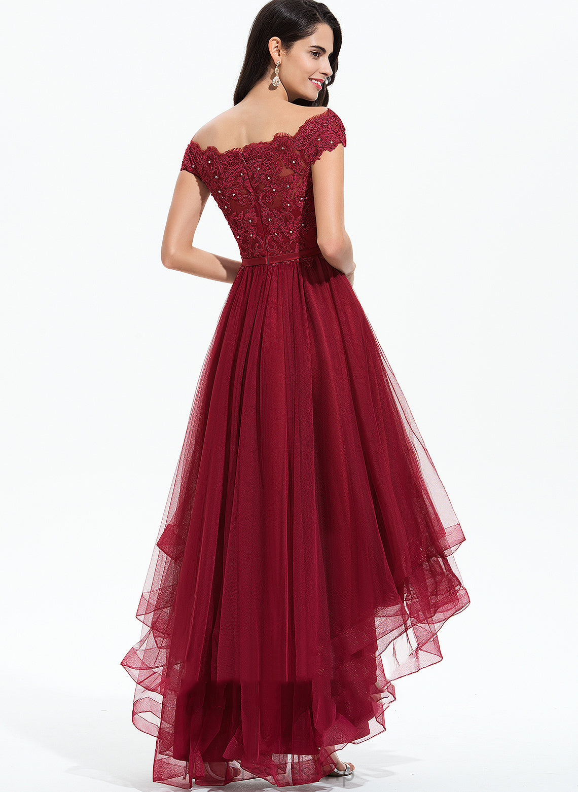 Brylee Off-the-Shoulder Lace Tulle Asymmetrical Bow(s) Beading Dress With Cocktail A-Line Lace Cocktail Dresses