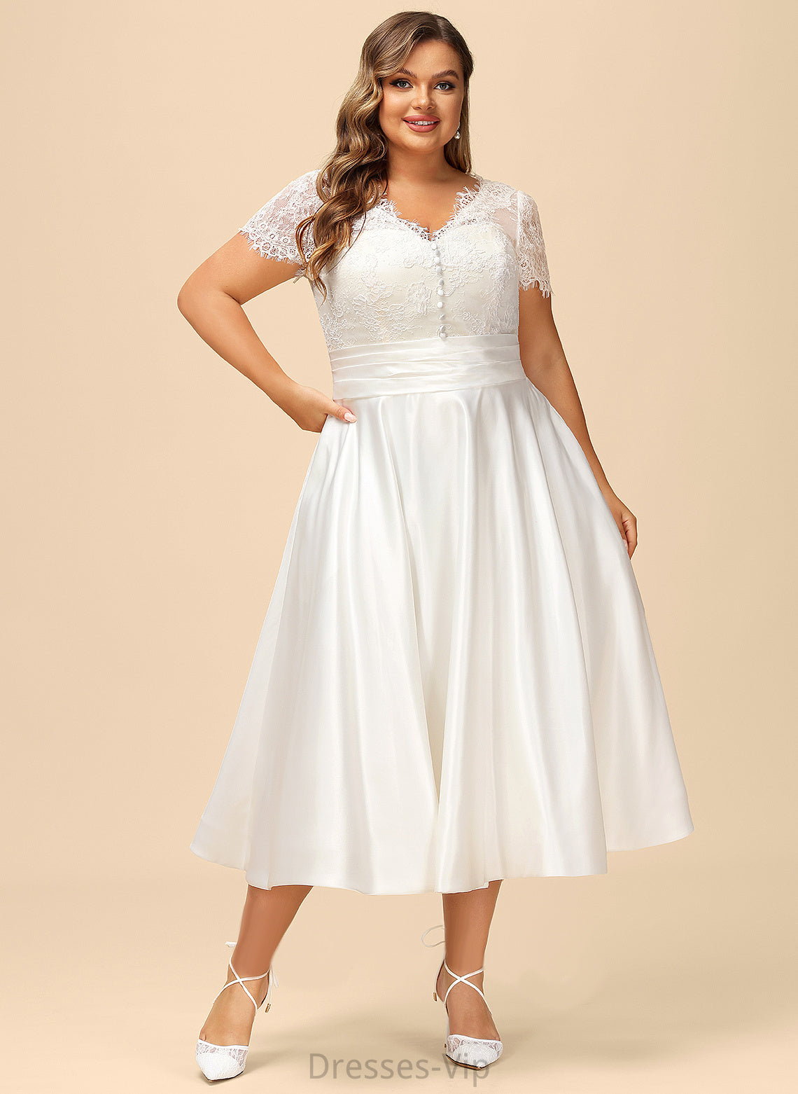 Tea-Length With Dress Patience Satin Ruffle Lace V-neck Wedding A-Line Wedding Dresses