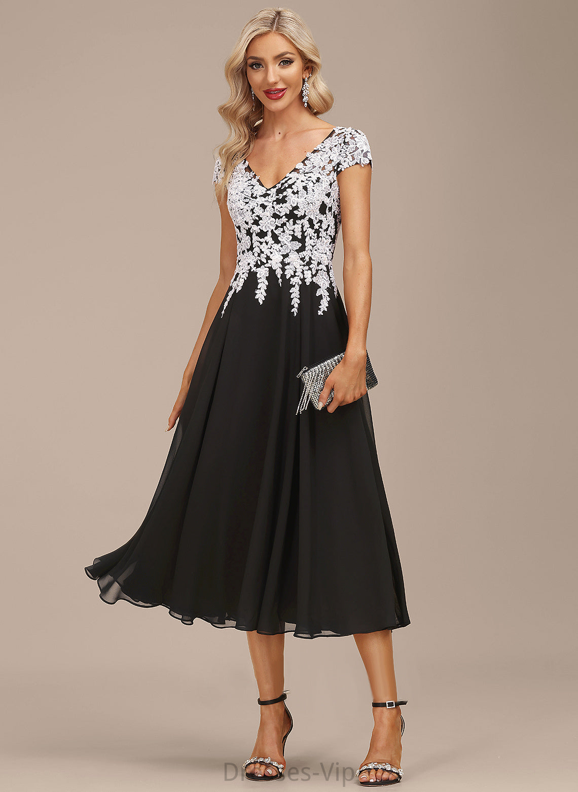 A-Line V-neck Giovanna Cocktail Dresses Cocktail Dress Tea-Length Lace Chiffon