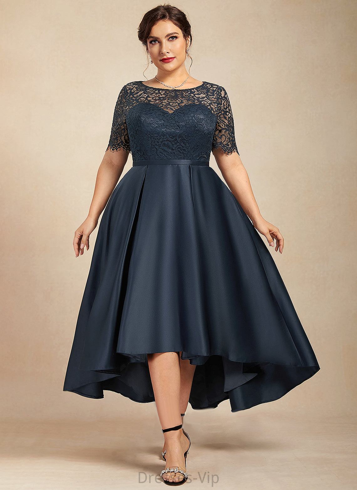 Gemma Satin With A-Line Lace Pockets Cocktail Dresses Dress Scoop Asymmetrical Neck Cocktail