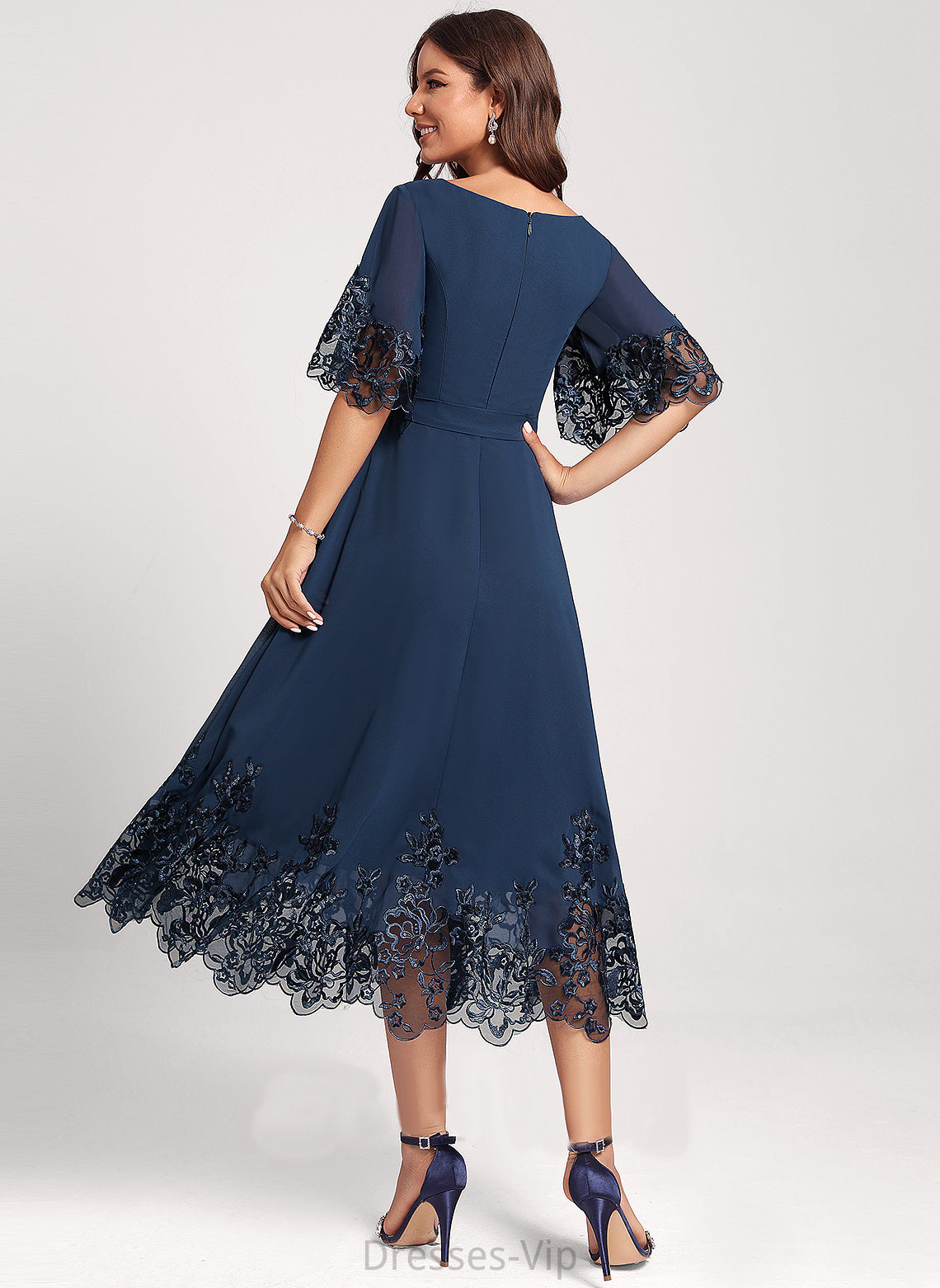 Tea-Length Club Dresses Sequins Cocktail A-Line Kennedy Lace With Chiffon V-neck Dress