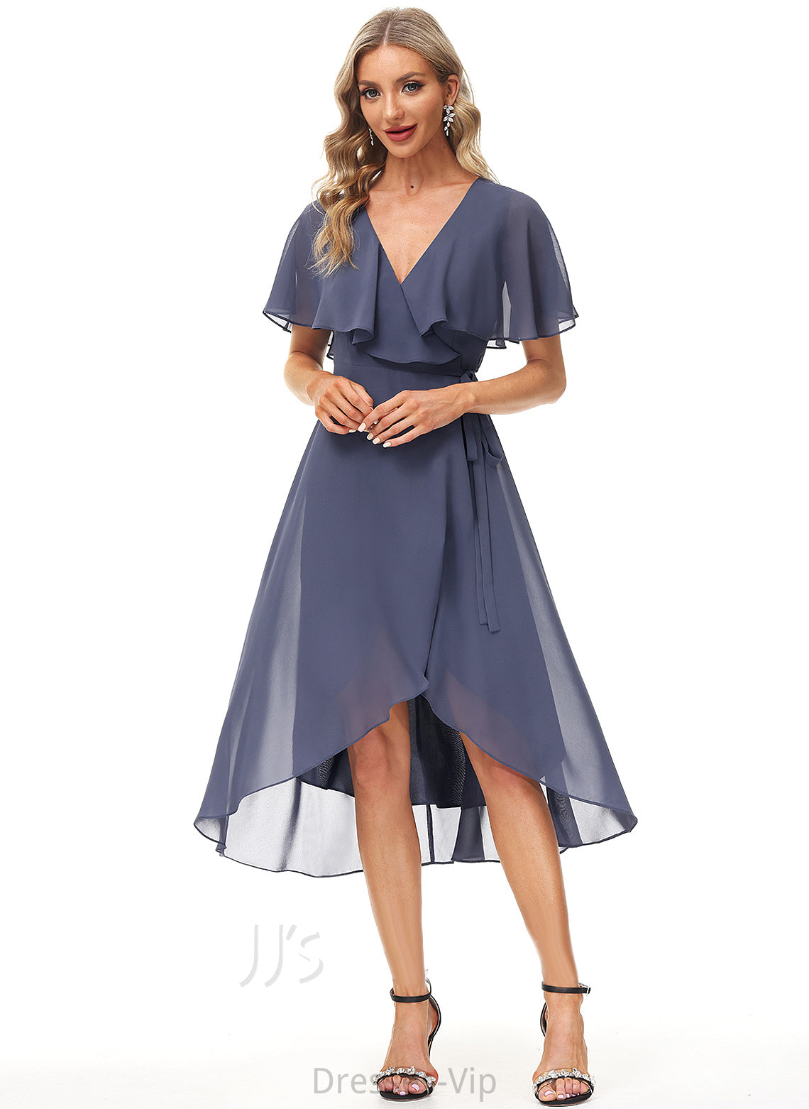 Sash Marlene Tea-Length Front A-Line Cocktail Cocktail Dresses Chiffon V-neck Split Dress With