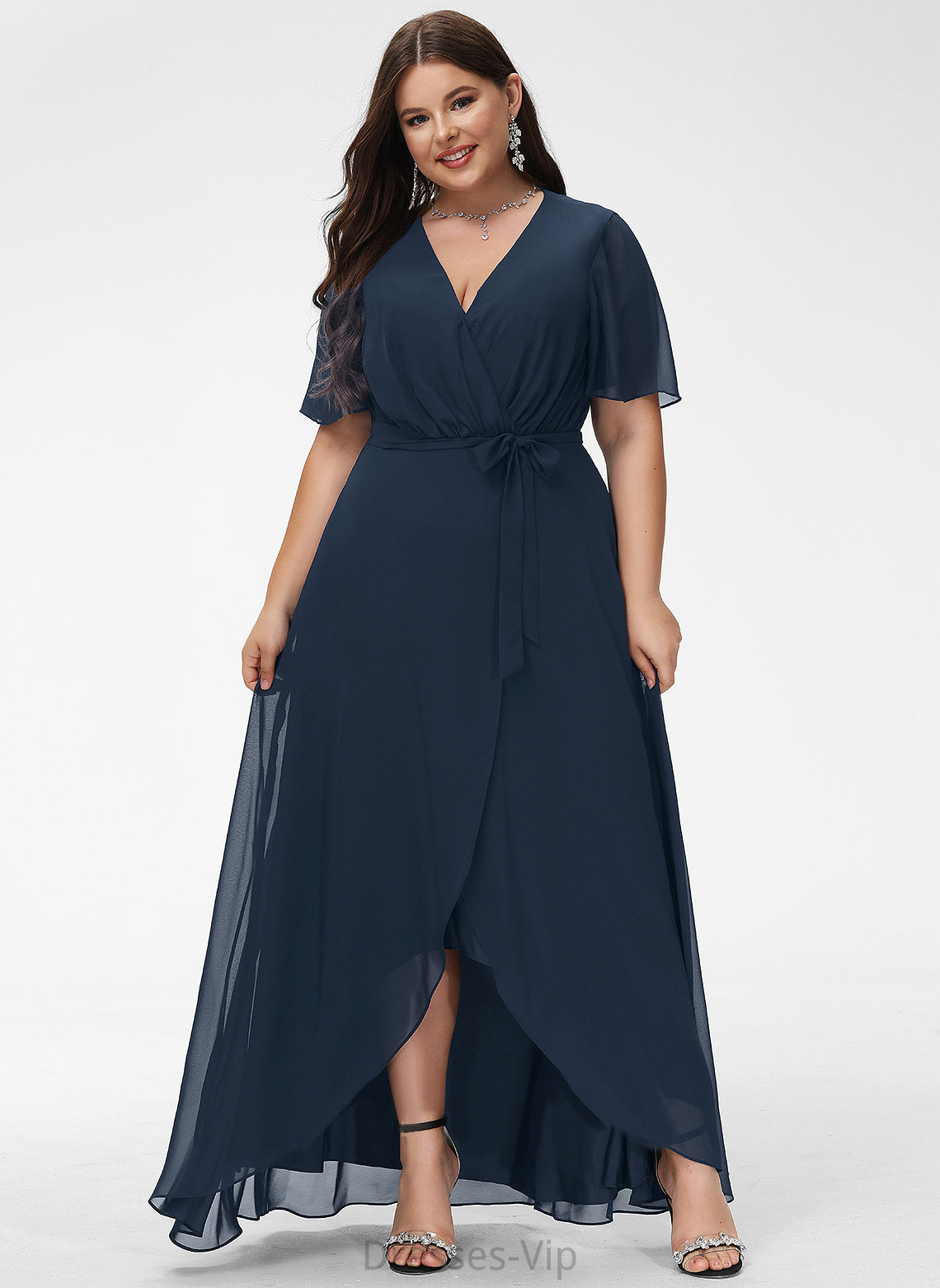 Bow(s) Asymmetrical With Dress Chiffon V-neck A-Line Lana Cocktail Cocktail Dresses