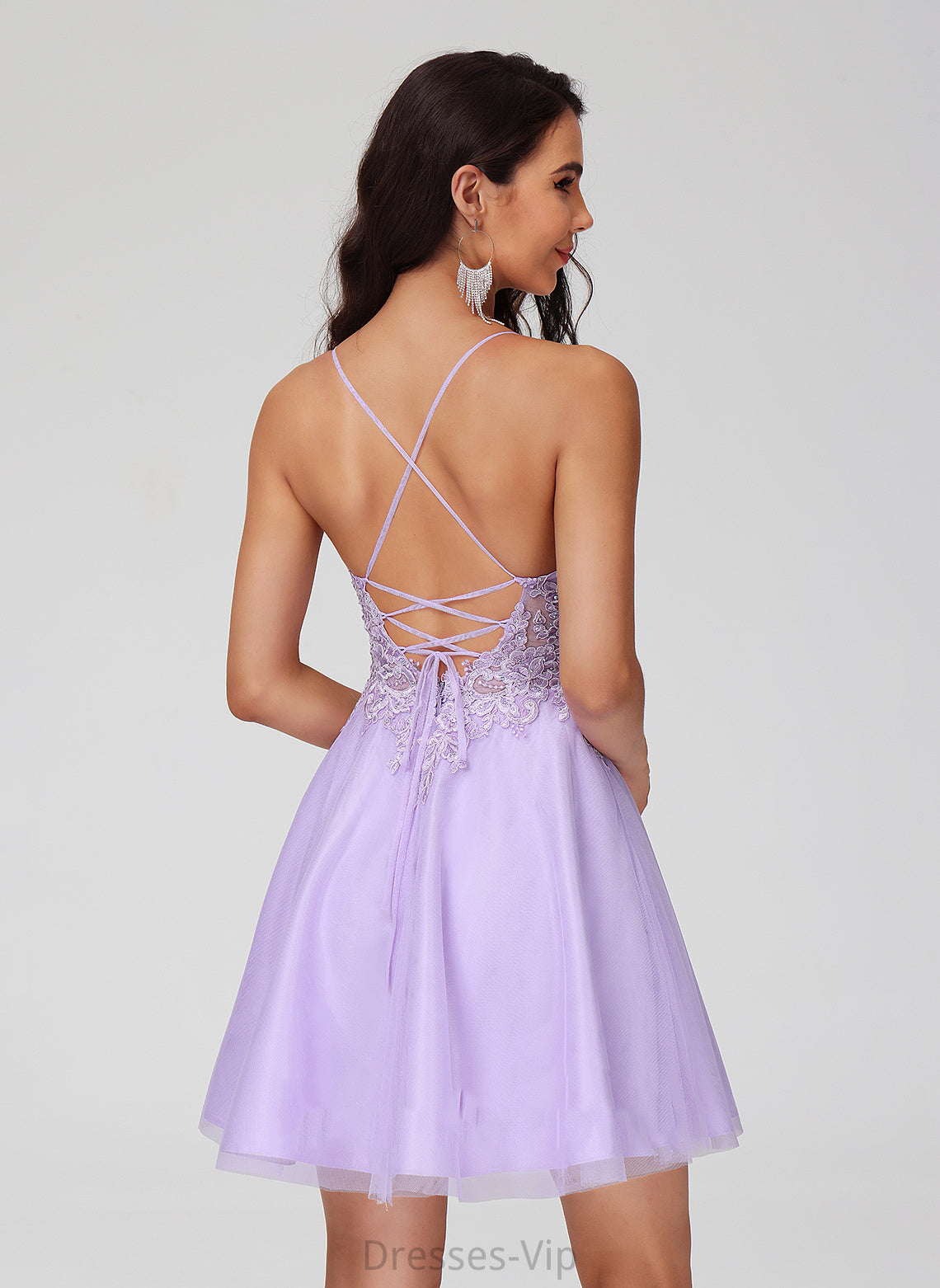 Lace Ginny Tulle A-Line Dress Short/Mini Homecoming Dresses V-neck With Homecoming Beading