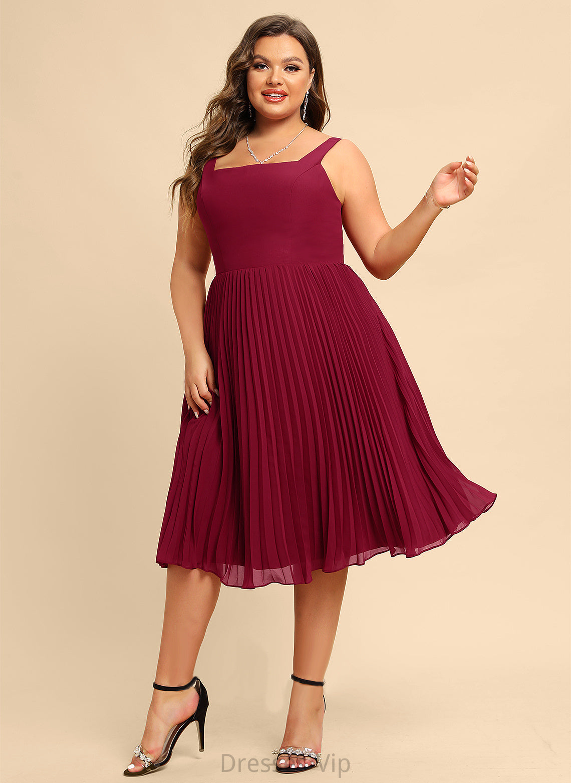 Cora Cocktail Dress A-Line Chiffon Pleated With Neckline Cocktail Dresses Knee-Length Square